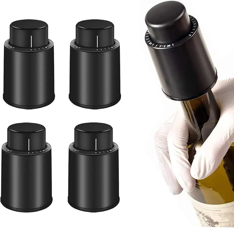 CVOZO Tapón de vino al vacío, tapón para botellas de vino, 4 unidades, accesorios de vino, tapón de vino con indicador de fecha, para amantes del vino — Vino y mesa festiva