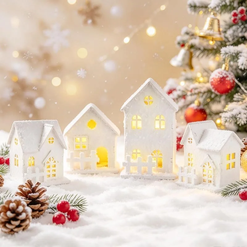 wokdsbl Juego de 4 Casas navideñas con luz – Decoración navideña para Interiores, Pueblo navideño — Decoracion Navidad