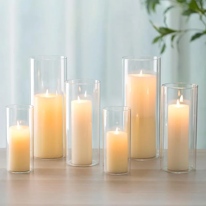 Romadedi Portavelas de cristal para mesa, juego de 6 cilindros de cristal transparente, 15, 20, 25 cm — Cena a la luz de velas