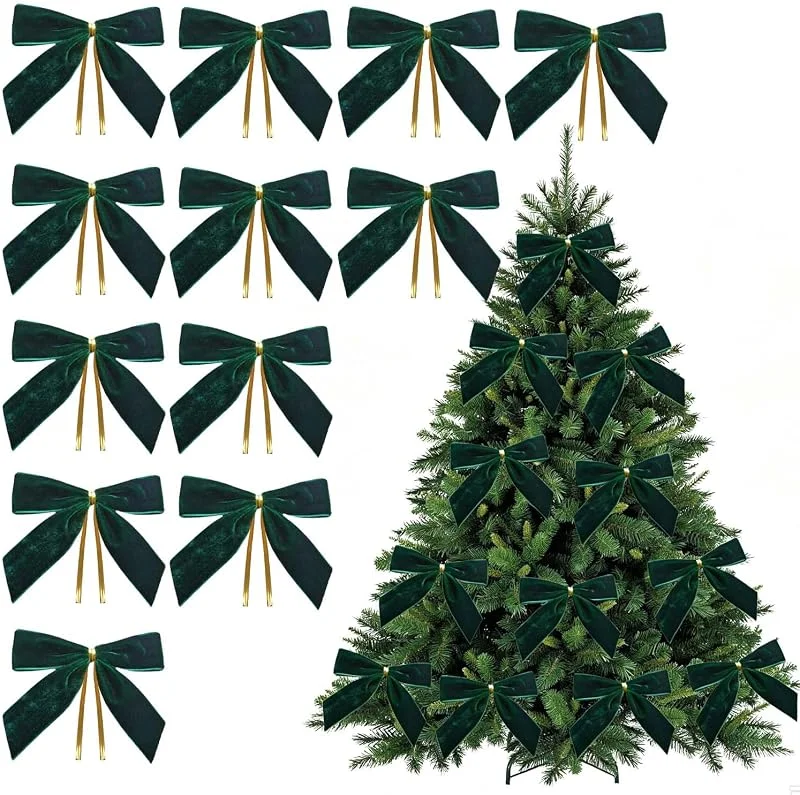 XETHI 12 Lazos terciopelo verde 9cm para árbol Navidad, corona, envolver regalos — Envoltorio regalo