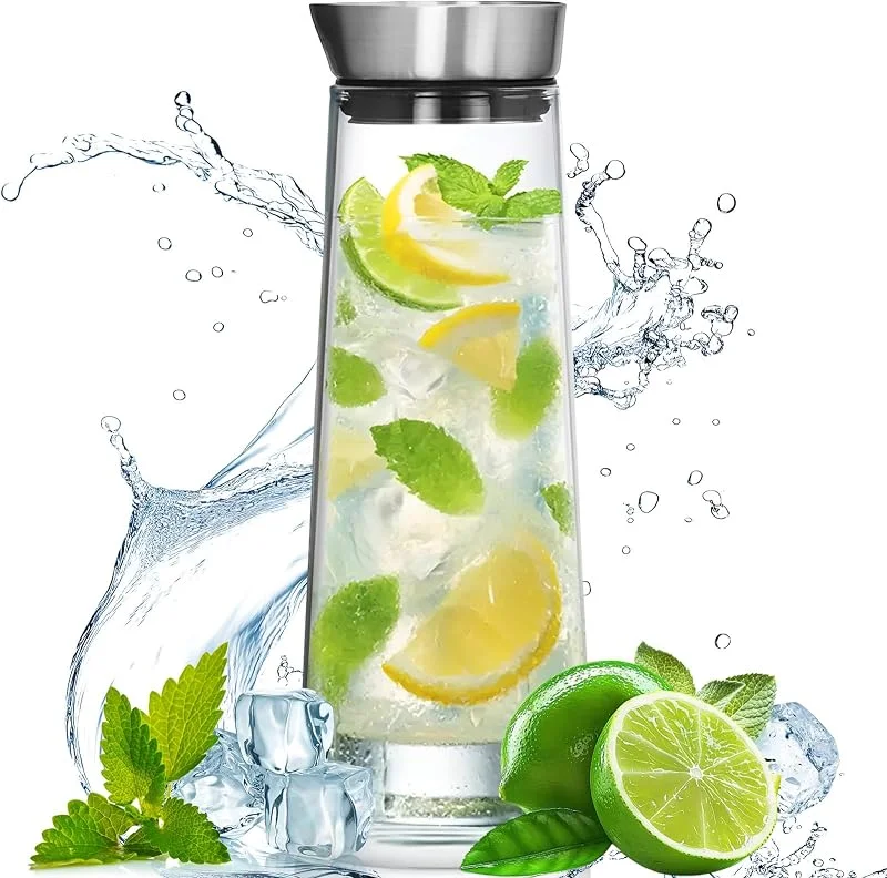 Xinxinphi 1000ml Jarra Agua Vidrio con Vertedor y Tapa Acero Inoxidable, Botella Cristal Resistente Transparente, Jarra Borosilicato para Jugo Caliente Frío, Leche, Café, Vino, Té, Helado, Jugo — Vino y mesa festiva