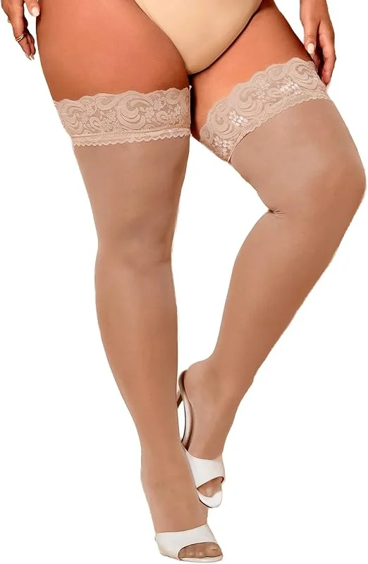Eagerlove Medias Altas Talla Grande para Mujer con Encaje y Silicona Brillantes y Transparentes Lencería y Medias de Nylon para Muslos Gruesos — Ropa Navidad
