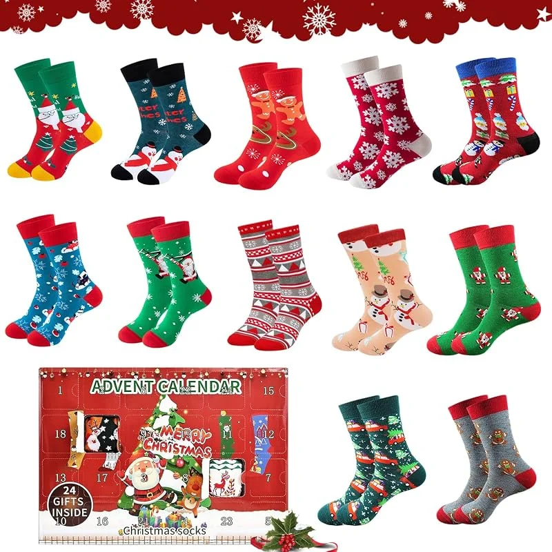 BAISHUWU Calendario de Navidad Calcetines, 12 pares Calendario de Adviento de Navidad Calcetines, Calendar io de Cuenta Regresiva Calcetine s, Calcetine Navideños Unisex, Cálido, Transpirable, Regalos Navi dad — Decoracion Navidad