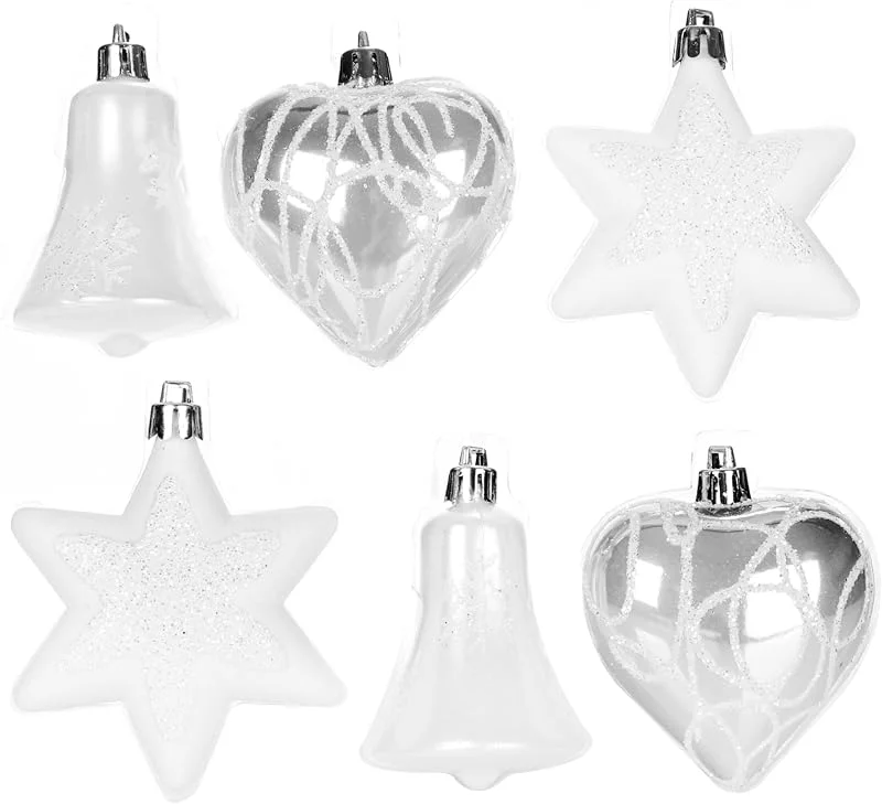 Visita la tienda de com-four com-four® Set de 6 Piezas Adornos para árboles de Navidad - Bolas de árbol de Navidad de Diferentes Formas - Campana, corazón y Estrella para Colgar en el árbol de Navidad (Blanco, Plateado) — Decoracion Navidad