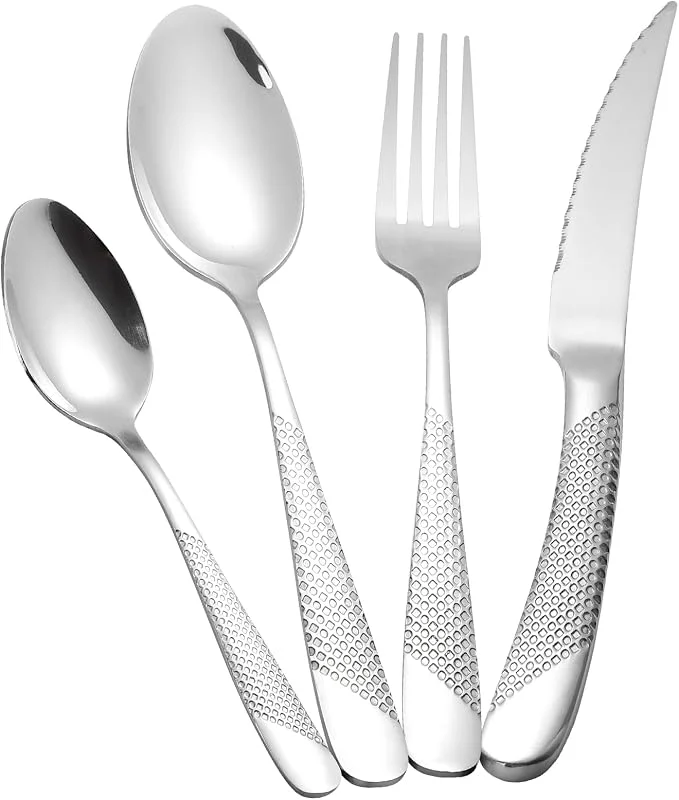 LBCIUCWS Juego de cubiertos martillados Plata 24 piezas, set de cubiertos acero inoxidable 18, 10, cuberterias completas 6 personas — Adviento y mesa