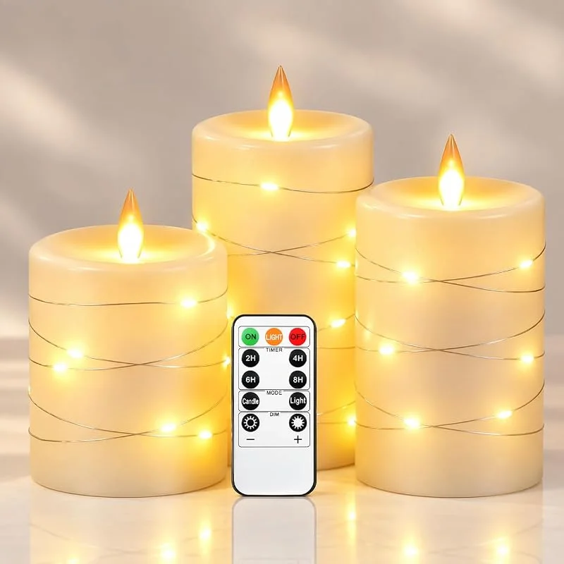 Visita la tienda de Da by 3 Velas LED Marfil con Luces Hada Envolventes, Efecto Llama Parpadeante Realista, 1 Mando, Material de Cera Natural, Tamaños Surtidos, Reutilizables y Ecológicas para Decoración Interior y Exterior — Luces Navidad