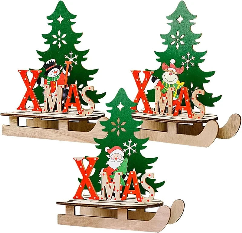 HOOPOE Adornos Navidad Madera, Adornos Navideños para la Mesa con Letras de Madera, Decoracion Mesa Navidad, 3 Piezas Bricolaje Decorativas Figuras de Navidad Trineo Letras de Madera en 3D — Adviento y mesa
