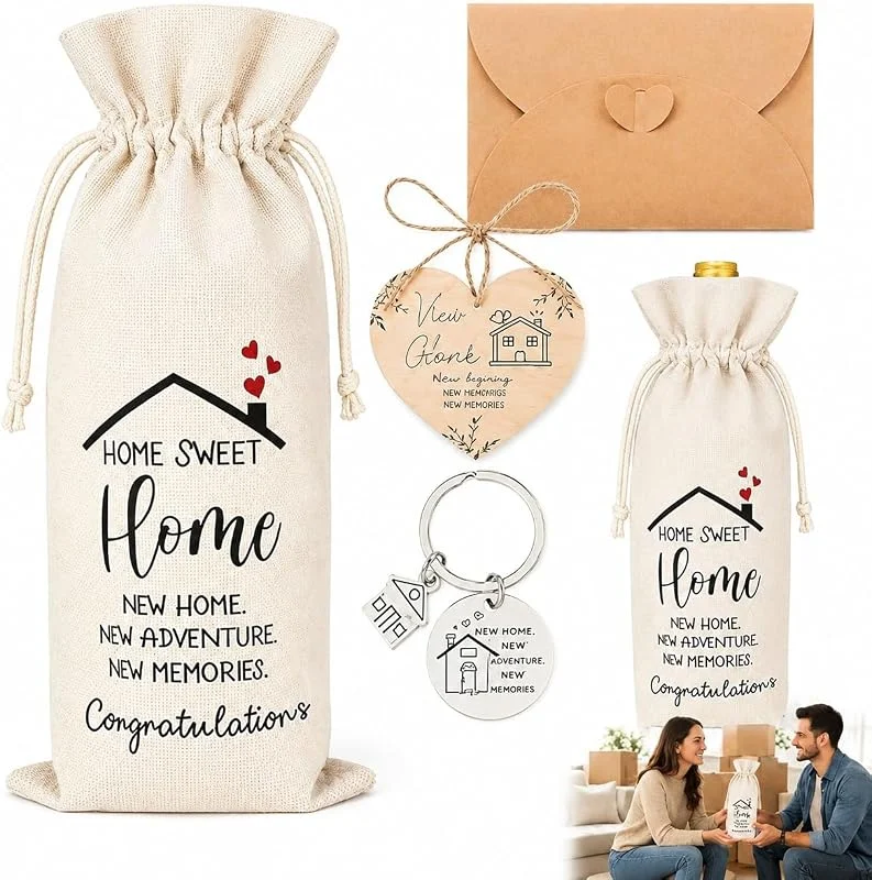 CQXSYTBN 4 Piezas Regalos de inauguración de casa, Amuleto de la Suerte, Bolsa para Botella de Vino, Llavero y sobre de felicitación, Set de Regalo de mudanza Ideal para Nueva casa o Ceremonia de inaugura — Vino y mesa festiva