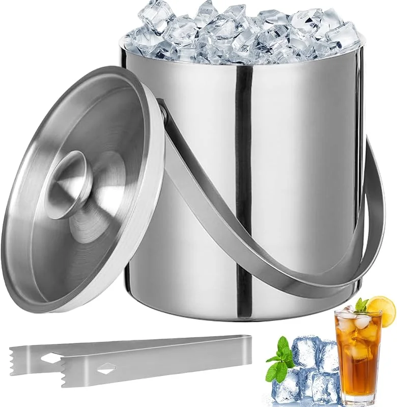 Qurxuanwe 3L Cubiteras Acero Inoxidable con Tapa Hermética Colador & Pinzas, Cubo Hielo Aislamiento Pared Doble, Contenedor Cubitos Redondo para Bar Casa, Cumpleaños Fiestas Picnics, Champanera, Vino, Cocktail — Vino y mesa festiva