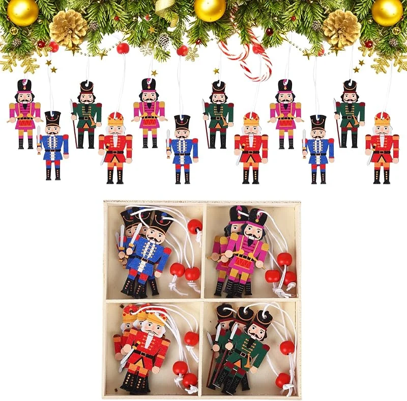 Jodsen 12 pcs Adornos de Cascanueces de Navidad, Mini Colgantes Cascanueces Decoración del árbol de Navidad Adornos Colgantes de Madera de Soldado Cascanueces Figuras Cascanueces Regalos de Reyes — Decoracion Navidad
