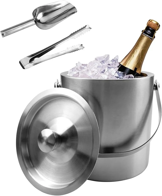 Doafoce Cubiteras Acero Inoxidable 2L Aislamiento de Doble Pared Cubo de Hielo de Acero Inoxidable con Pinzas para Hielo y Pala para Enfriador de Champá y Vino Cerveza Refrigerada Bebidas — Vino y mesa festiva
