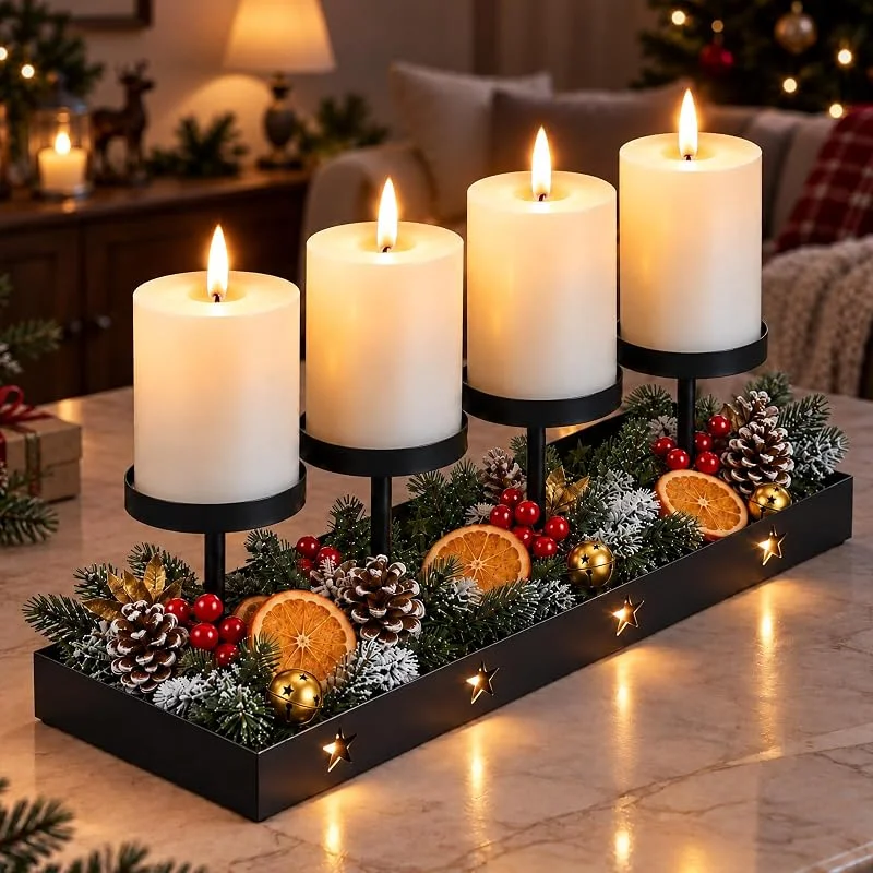 Yikkhy Corona de Adviento Portavelas de Metal Moderno Negro, Bandeja Alargada 42cm — Decoracion Navidad