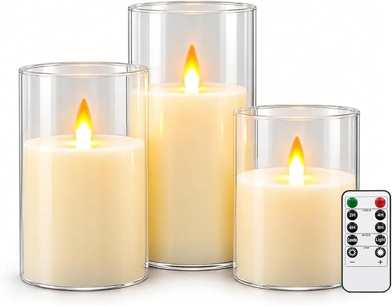 Kiexung Velas sin llama, velas LED con control remoto y temporizador, velas de pilar acrílicas indestructibles con mecha 3D alimentadas por pilas para ambiente romántico y decoración del hogar, juego — Cena a la luz de velas