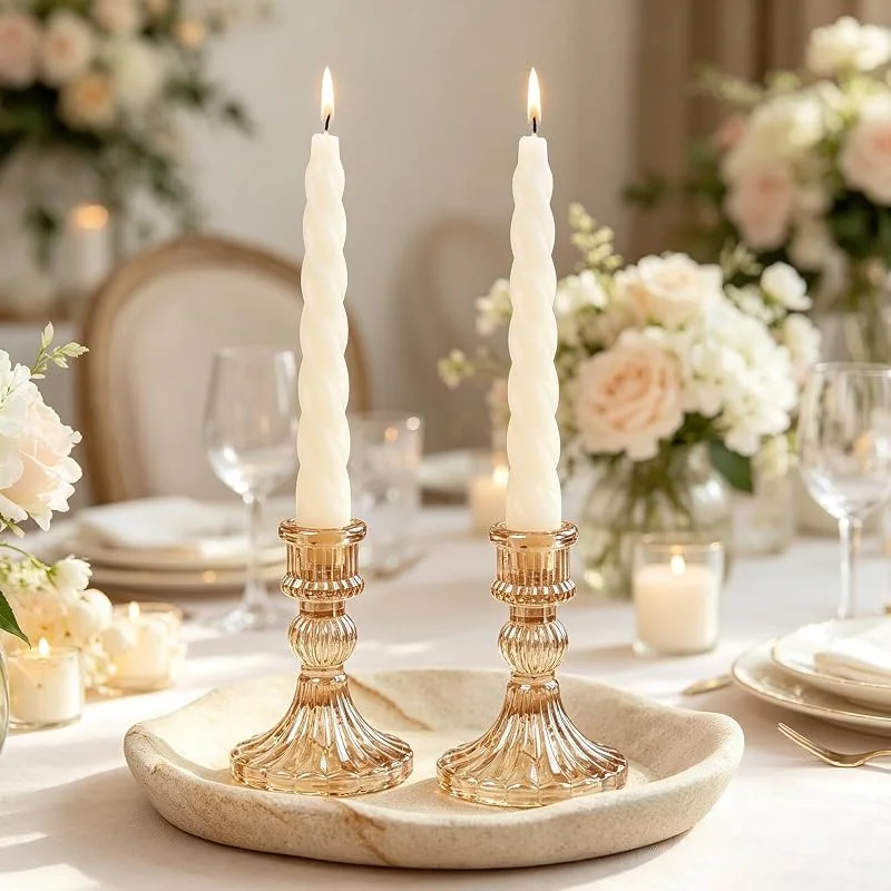 Filltown Portavelas de cristal dorado para candelabros, 10 cm de alto, portavelas de cristal a rayas, soporte decorativo para decoración de mesa para bodas, festivales, cenas, 2 unidades — Cena a la luz de velas