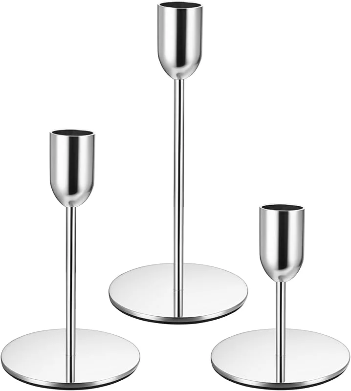 BOJIUKEJI 3 Pcs Candelabros para Velas, Portavelas Decoracion, Porta Velas Decorativas Plateado, Candelabros Plata Cónicas de Metal para Decoración del Hogar, Bodas y Fiestas (Estilo Copa) — Cena a la luz de velas