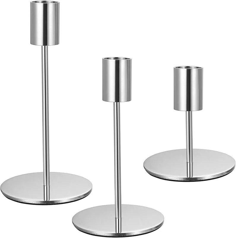 ZWFSDM 3 Pcs Candelabro Plata, 8.5, 16, 16 cm Candelabros para Velas, Candelabros Decorativos de Velas, Candelabro Decorativos de Velas para Velas Cilindro Decoración de Mesa Bodas Cumpleaños(Plata) — Cena a la luz de velas