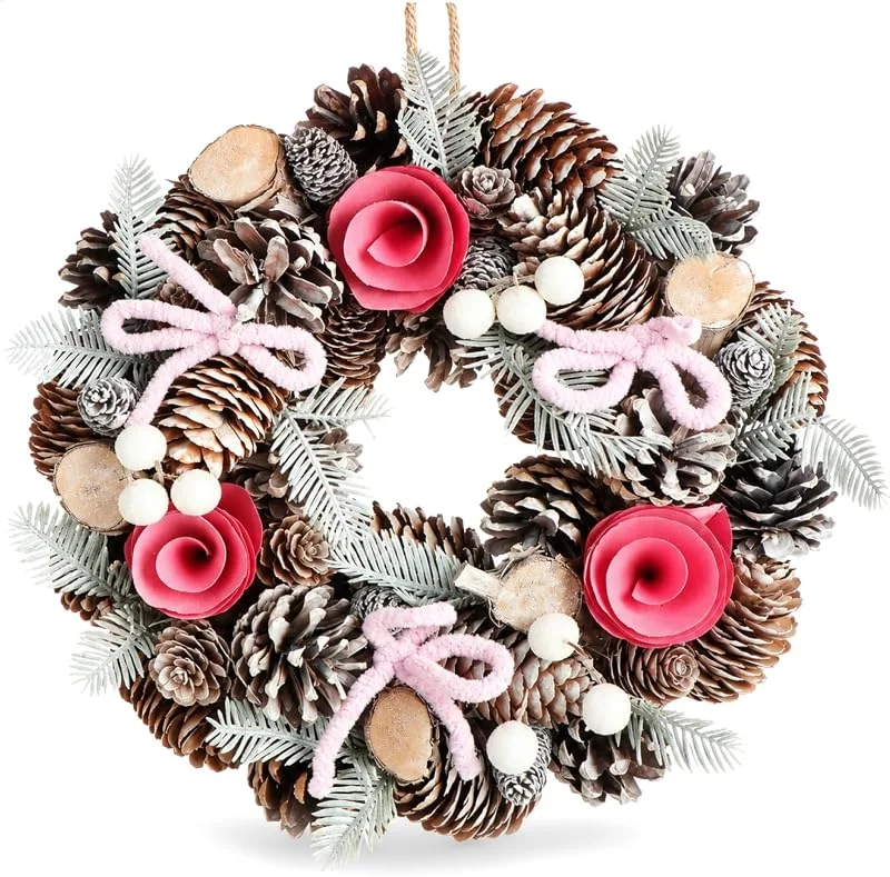 Visita la tienda de com-four COM-FOUR® Corona de Puerta de Navidad, Corona de Adviento con Lazos Rosas — Decoracion Navidad
