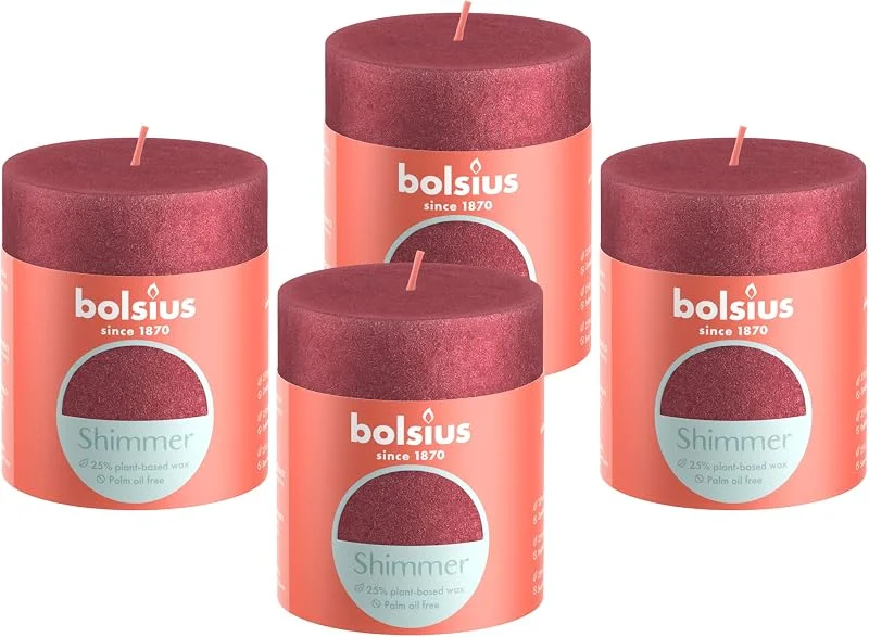 Visita la tienda de Bolsius Bolsius Vela rústica de pilar, color rojo brillante, paquete de 4, larga duración de combustión, vela doméstica, decoración de interiores, sin perfume, incluye cera vegana natural, sin aceite de — Cena a la luz de velas