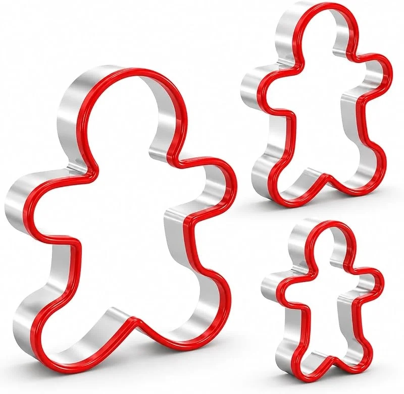 ririess Juego de cortadores de galletas de jengibre hombre de jengibre, 3 piezas Juego de cortadores de galletas de jengibre de acero inoxidable Cortadores de galletas de Navidad con borde de PVC rojo — Hogar y cocina