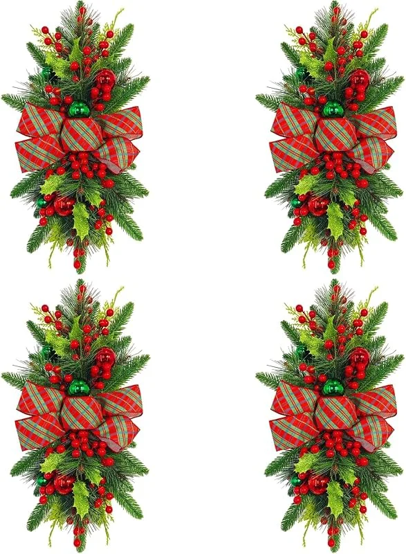 TAZZOR 4 piezas de guirnalda navideña, guirnalda de escaleras de Navidad con LED, guirnalda colgante de piñas y flores con bayas rojas para chimenea, puerta, escalera, ventana, balcón, guirnalda para — Decoracion Navidad