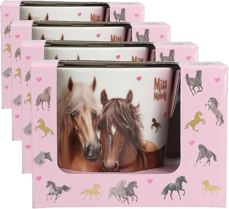 Depesche 13554 Miss Melody: Taza Blanca con Motivo de Caballos, inscripción y Detalles Dorados, Taza de Porcelana, Capacidad Aprox. 250 ml. (Paquete de 4) — Adviento y mesa
