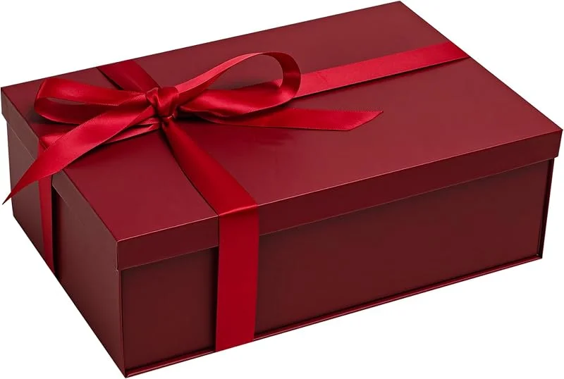 BloomWrap Caja de Regalo Burdeos con Tapa 30 x 20 x 10 cm, Caja Plegable Magnética con Cinta, Tarjeta y Etiqueta para Cumpleaños Boda Navidad — Envoltorio regalo