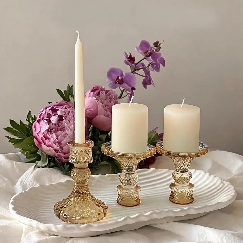 WoPail Set de 3 Portavelas de Vidrio, para Velas de Té y Velas de Varilla — Cena a la luz de velas