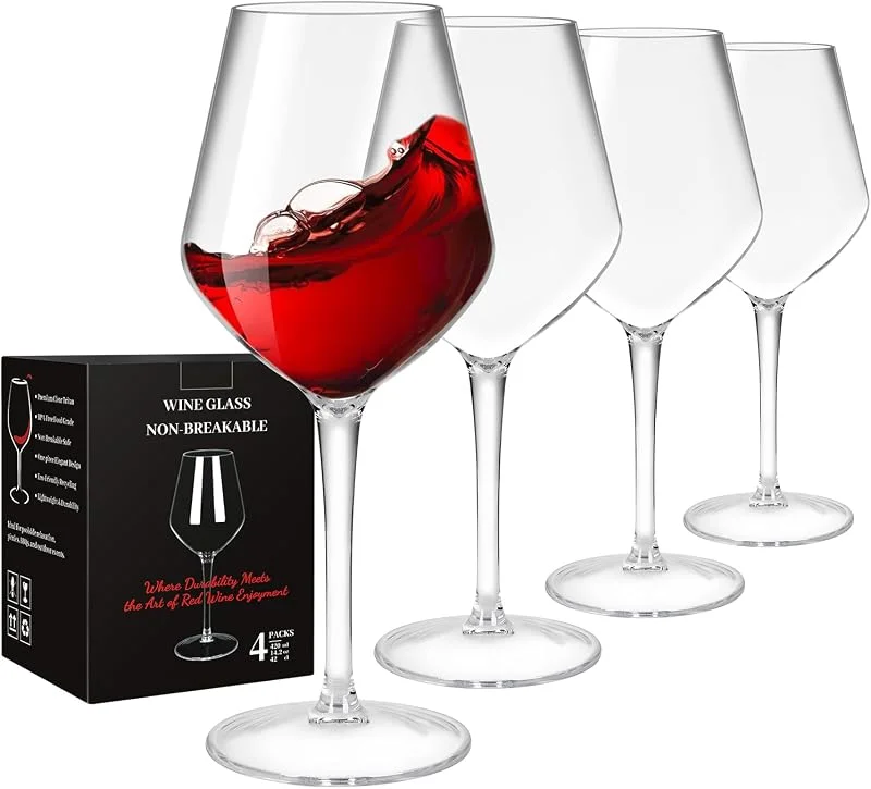 AMEITECH Lote de 4 vasos de vino, 440 ml, vasos con pie de plástico inastillable para vino tinto o blanco, sin BPA, reutilizables, para camping, fiestas, Navidad, bodas o cumpleaños — Vino y mesa festiva