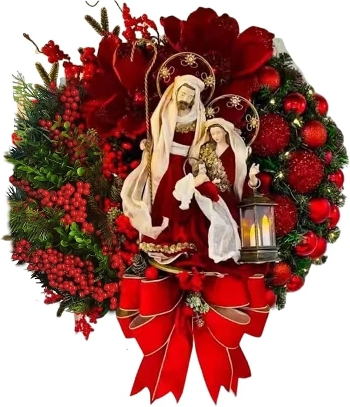 SMELEYOU Corona de Navidad de 16 pulgadas Artificial con Luz de Flores de Jesús Bayas Rojas Corona con Hojas Mixtas Colgante Coronas de Navidad Redondas para Puerta Principal Ventana Pared para Uso Doméstico — Decoracion Navidad