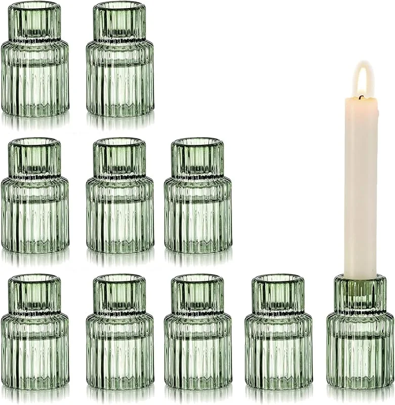 Glasseam Portavelas De Vidrio Verde: Portavelas Set De 10 Portavelas CóNicos Portavelas Acanalados para SalóN Portavelas PequeñOs para DecoracióN De Mesas De Fiesta — Cena a la luz de velas