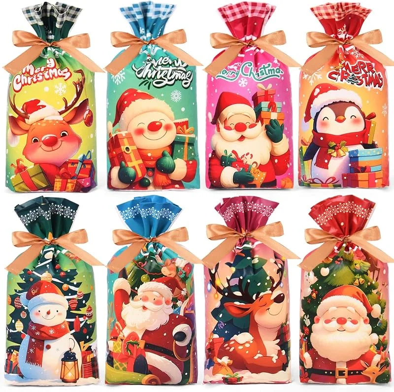 AhfuLife Bolsa de Dulces Navideña, 48 Piezas, 8 Estilos Bolsas de Regalo con Cordón para Caramelos, Galletas, Fiestas de Navidad — Envoltorio regalo