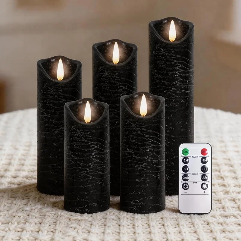 PinnWaa Velas LED de Pilar, 5 Piezas, Cera Real, Mando, Temporizador, Negro — Luces Navidad