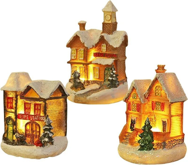 Jodsen Decoración Iluminada de Navidad, 3 Piezas Pueblo Con LED, Farolillo y Casitas Para Decoraciones Navideñas, Excelentes Regalos y Adornos — Decoracion Navidad