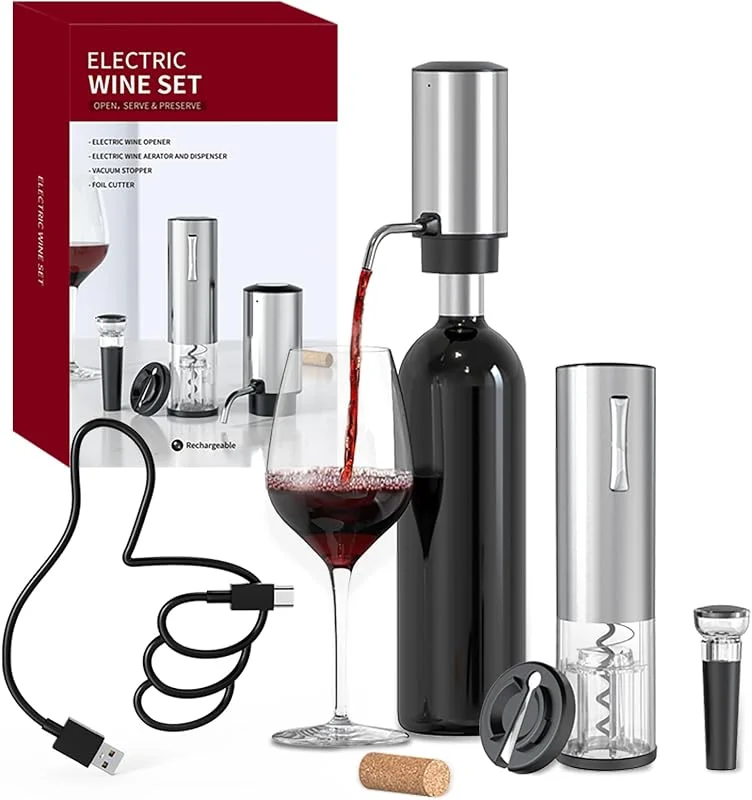 Visita la tienda de CIRCLE JOY CIRCLE JOY Sacacorchos Eléctrico 4 en 1 Juego de Regalo de Vino con Abridor de Vino Recargable, Vertedor Aireador de Vino Recargable, Cortacápsulas y Tapón de Vino al Vacío, Plata — Vino y mesa festiva