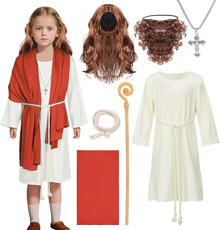 Raveparty Disfraz de Jesús, bata blanca con bufanda roja y accesorios, Profeta, belen, disfraz Navidad, disfraces — Ropa Navidad