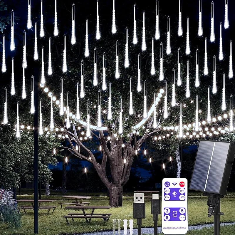 Aofonchy Guirnalda Luces Solar Meteoros Lluvia 10Tubos 30CM 240LEDs Impermeables Luce Navideñas, Solar & USB Luces de Ducha de Meteoritos con Control Remoto para Jardín Patio Navidad Bodas Fiesta — Luces Navidad