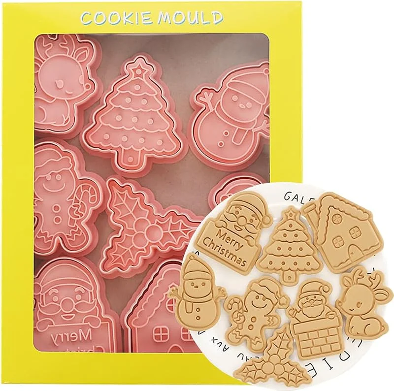 Yumatch 8 cortadores de galletas de Navidad, cortadores de galletas de Navidad, sello de galletas de Navidad para hornear galletas, decoraciones de fiesta de Navidad, C — Hogar y cocina