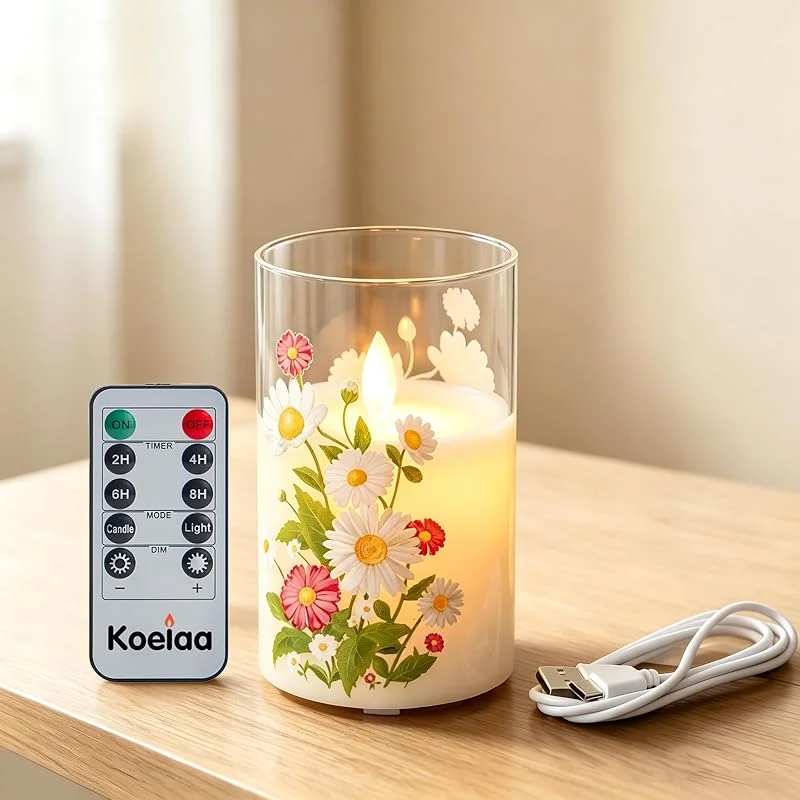 Koelaa Vela LED Recargable de Vidrio – Efecto Llama Parpadeante, Mando a Distancia, Temporizador Programable 2, 4, 6, 8H – Decoración sin Llama para Salón, Chimenea, Bodas y Navidad – 7, 5 x 12, 5 cm — Cena a la luz de velas