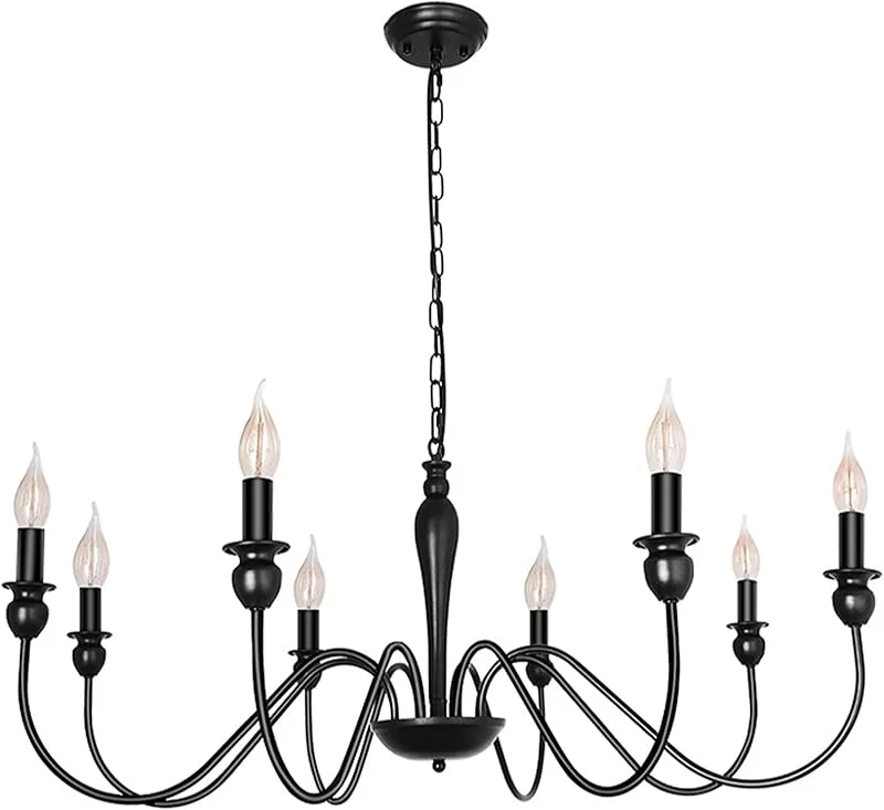 WayLuoung Lámpara De Araña De Casa De Campo Negra Mate, Lámpara De Techo, 8 Luces, Grande, Rústica, Industrial, Ø95 cm, Candelabros Para Comedor, Vela, Lámpara De Techo, Para Sala De Estar, Dormitorio, Cocina — Cena a la luz de velas