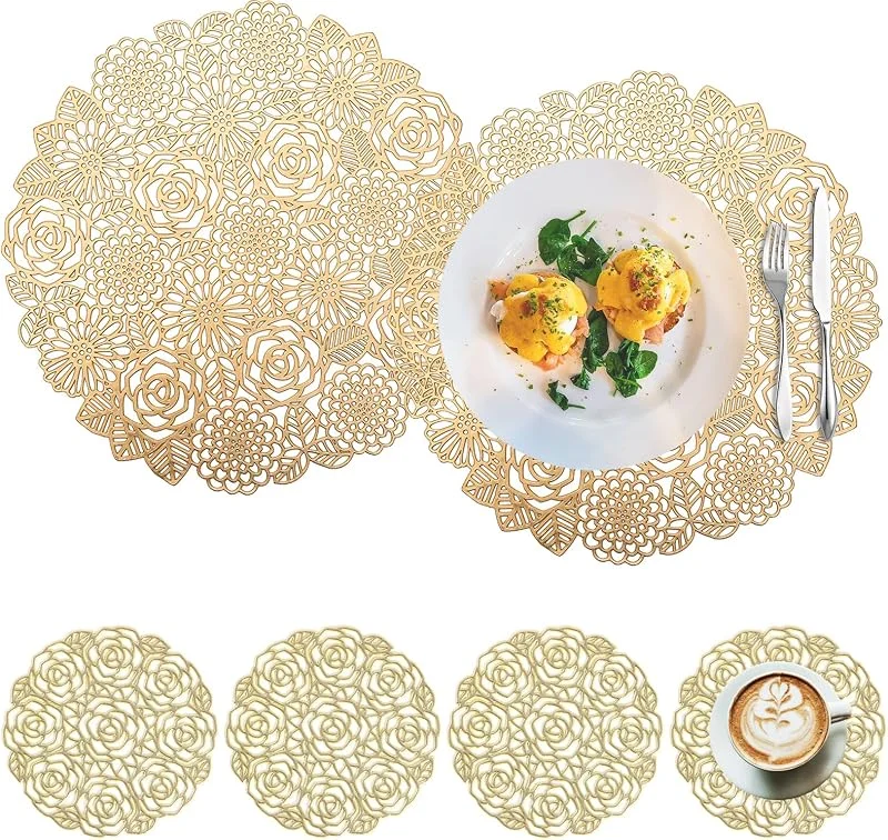 Spldsun Set of 6 Manteles Individuales Redondos y Posavasos, Manteles Individuales Redondos PVC, para Mesas Decorativas Antideslizantes, Antiarañazos (Dorado) — Hogar y cocina