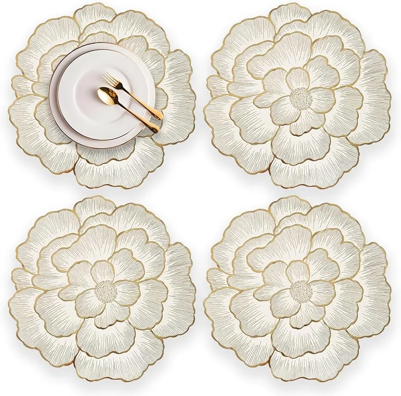 Spldsun 4 Piezas Manteles Individualess De Dorado, Manteles Individuales PVC, Flores, Lavables, Antideslizantes, Resistentes Al Calor, para Fiestas, Bodas, Restaurantes, Navidad (Peonías) — Hogar y cocina