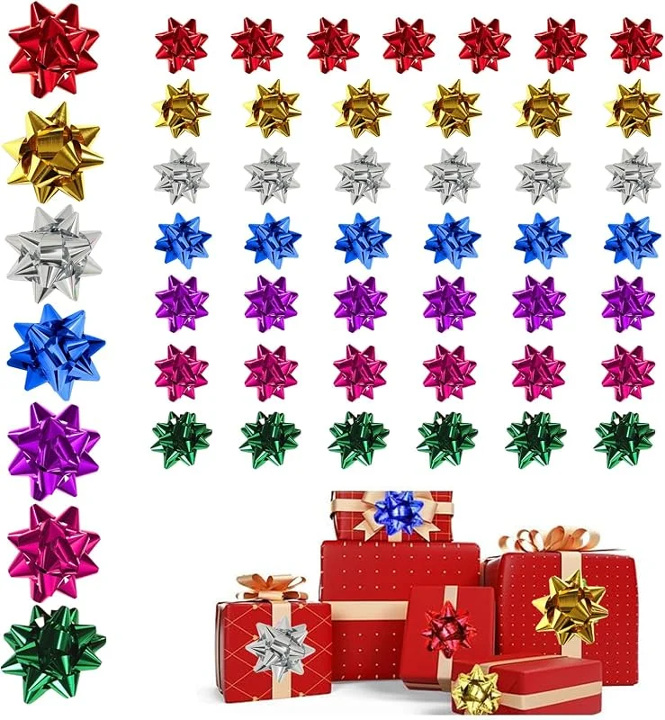 QEEROYO 50 Piezas Lazos Regalo Adhesivos, Lazos Regalo Navidad Pequeños, Lazos Autoadhesivos para Decoración de Regalos, 5cm de Diámetro, 7 Colores, para Regalos Embalaje, Fiesta, Cumpleaños, Bodas, Navideño — Envoltorio regalo