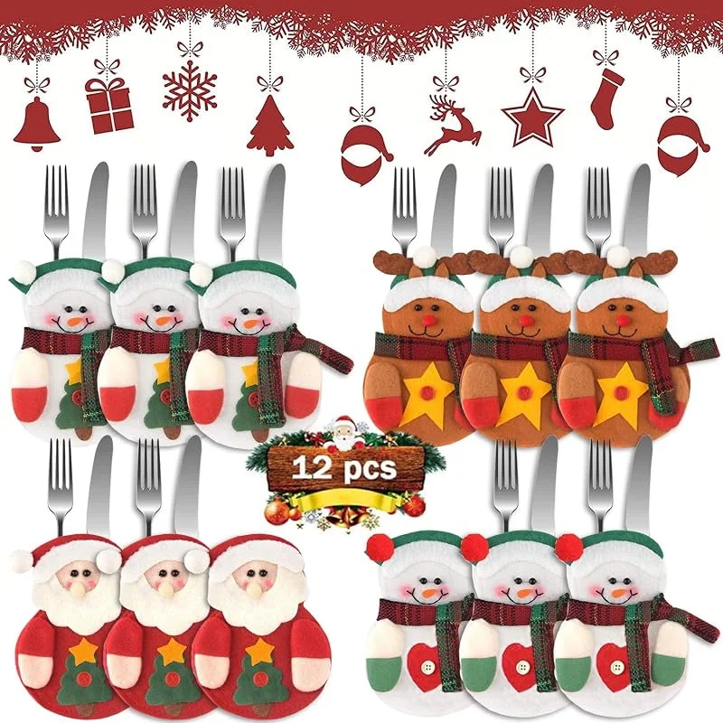 HUHUDAY Bolsita para Cubiertos de Navidad, Adorno Navidad, Muñeco de Nieve, Alces, Santa Claus Adornos Navidad, Papa Noel Cubiertos Tenedores Bolsas para Decoración Navidad Cena Mesa — Adviento y mesa