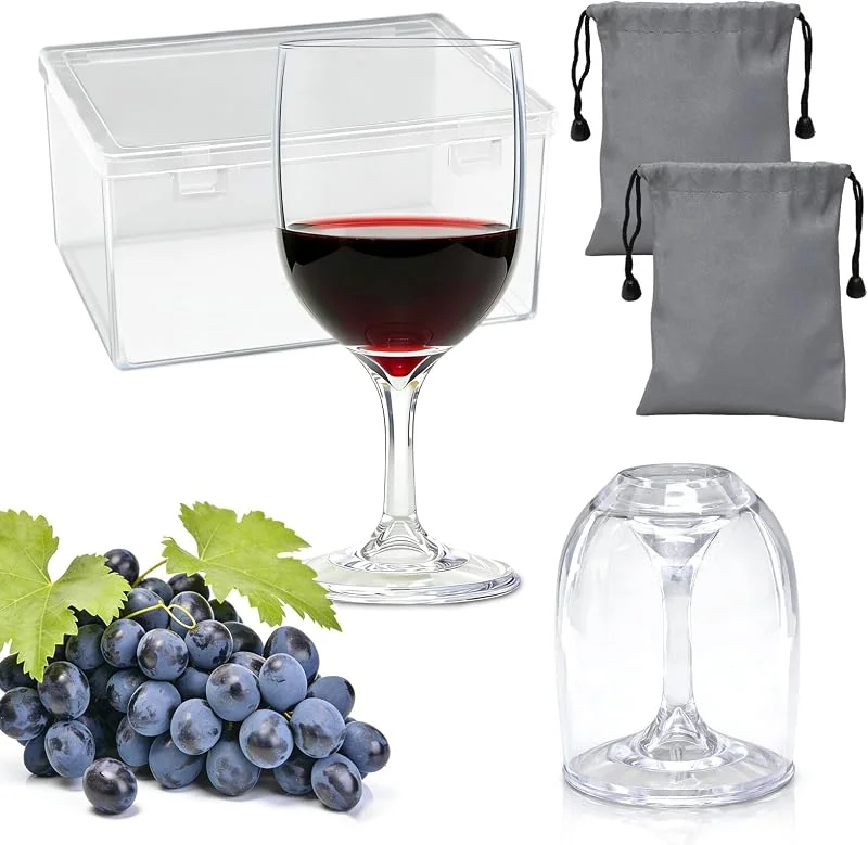 TEUYOE Juego de 2 Copas de Vino para Camping, Copas de 200 ml de plástico con bolsa impermeable y caja de almacenamiento, ideales para fiestas, viajes, camping, picnics, vino tinto, vino blanco y cóct — Vino y mesa festiva