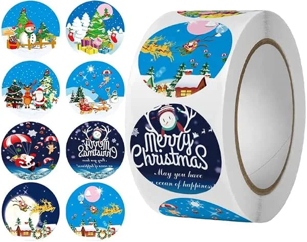 KATELUO Pegatinas Navidad Regalo, Rollo de Pegatinas Navideñas para Sobres, Hecho a Mano, Cajas de Embalaje, Decoraciones Navideñas para Niños y Adultos Etiquetas Adhesivas de Navidad Redondas (C) — Envoltorio regalo