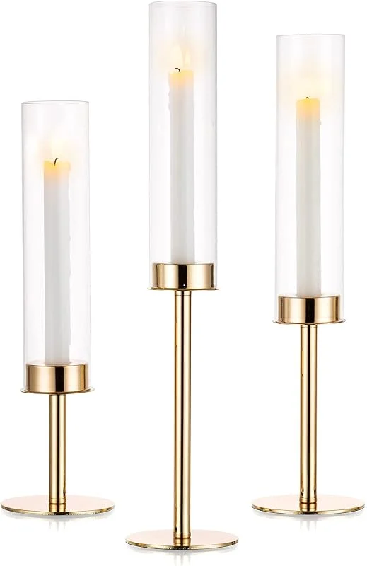 Visita la tienda de Nuptio Nuptio Portavelas Huracan Dorado: Portavelas de Metal de Cristal Transparente para Velas Cónicas Candelabro Alto Abierto Pantalla Cilíndrica Fiesta de Boda Centro de Mesa Decoración — Cena a la luz de velas