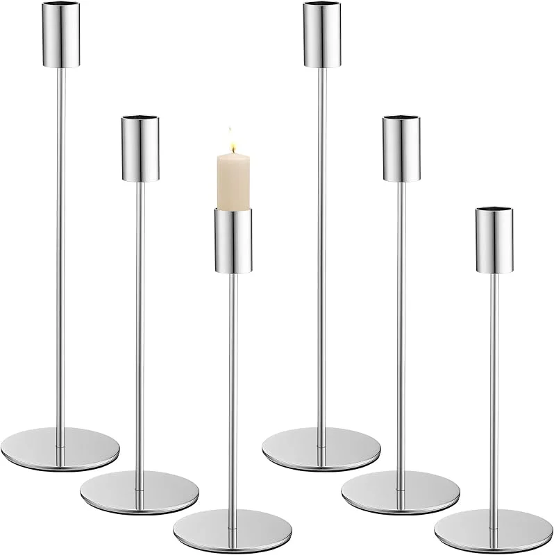 BUCOMTU Juego de 6 Candelabro Plata, 33, 28, 23 cm, 3 Candelabro Cilíndrico de Diferentes Alturas, Decoración del Hogar, Cenas, Boda, Navidad, Fiestas — Cena a la luz de velas