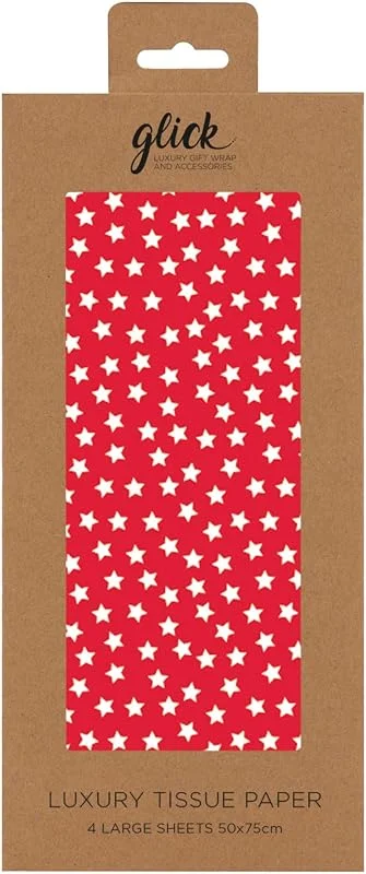 Glick Cuatro hojas de papel de seda, estrellas rojas sobre blanco, Navidad, cumpleaños, para envolver y artes y manualidades, rojo y blanco — Envoltorio regalo