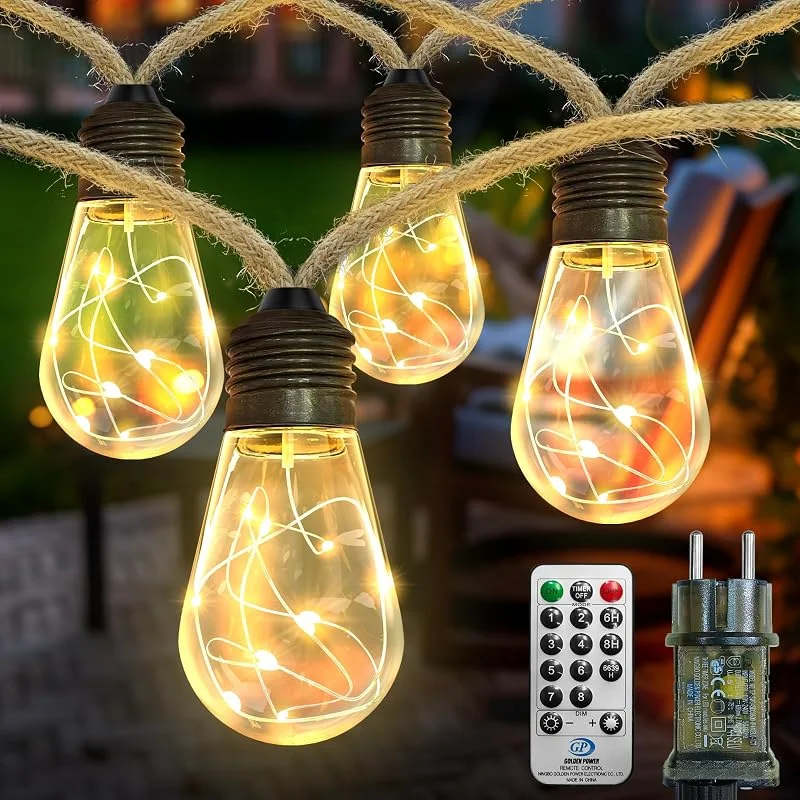 Visita la tienda de AGOTD AGOTD Guirlande lumineuse LED Extérieur et Intérieur, 6M Vintage Guirlande électrique avec corde de chanvre, 20 ampoules LED 8 modes Déco pour jardins Fête Balcon Chambre — Luces Navidad