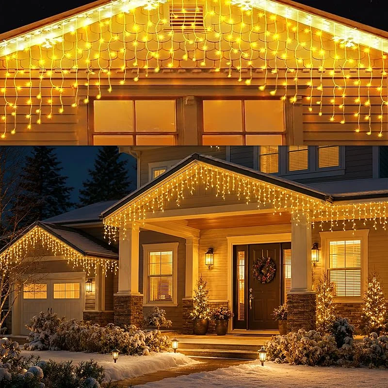Prosishing Guirnalda de Luces Exteriores 5m 256LED luces de Carámbano Impermeables con 8 Modos, Cortina de Luces de Hadas para Navidad Bodas Patio y Balcón (5m) — Luces Navidad